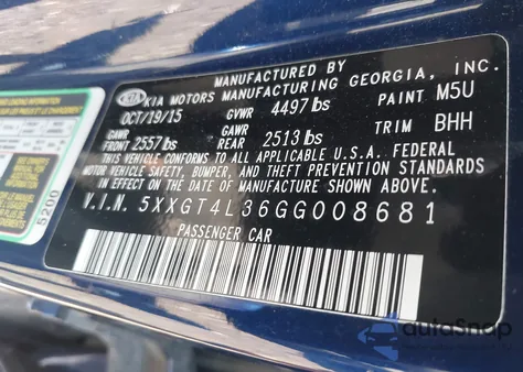 2016 Kia Optima Lx из США, поврежденный, VIN 5XXGT4L36GG008681